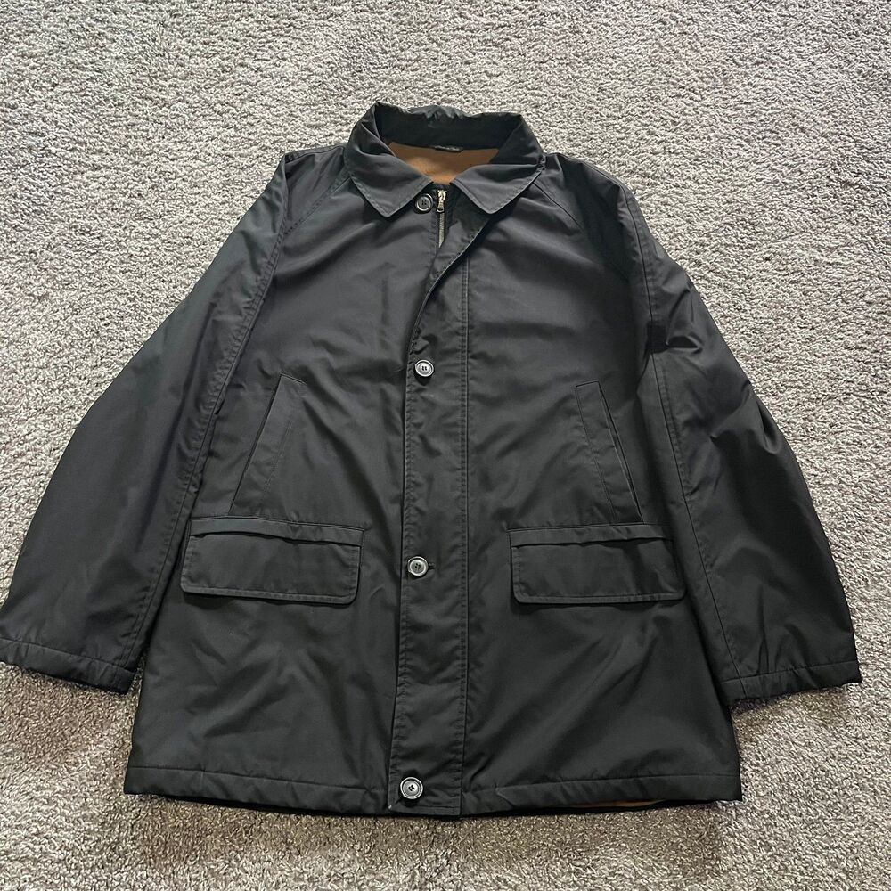 Vintage Canali Wind Tech Jacket Coat Zip Button Black Wool Lined Mens 2XL Italy